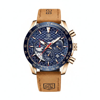 BENYAR Top Brand New Men Watches Leather Strap Luxury Waterproof Sport Quartz Chronograph Military Watch Men Clock Reloj Hombre BY-5175 - leather gold blue