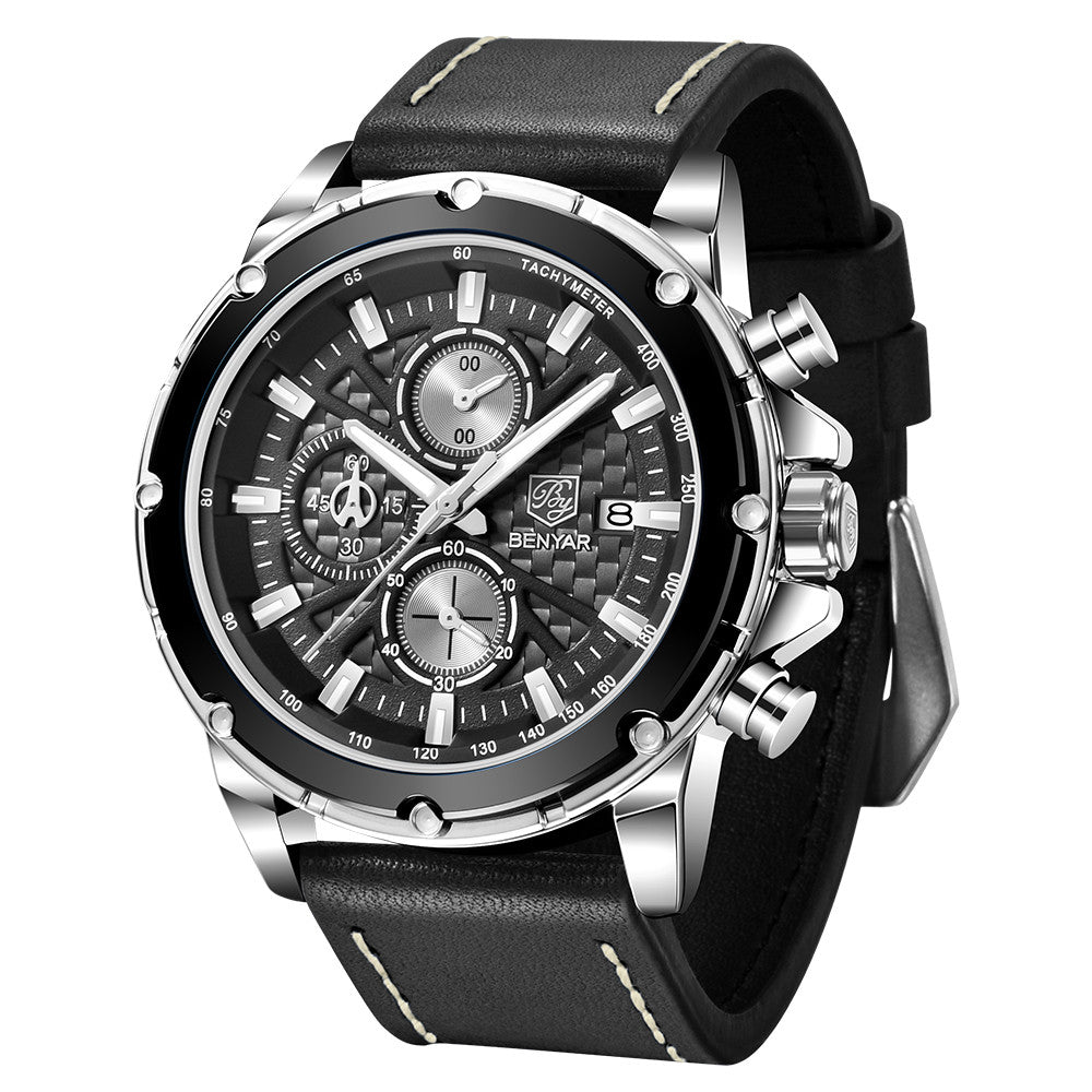 Top Brand BENYAR 2022 New Men Watches Waterproof Sport Quartz Wrist Watch Chronograph Military Genuine Leather Relogio Masculino BY-5167 - SILVER BLACK