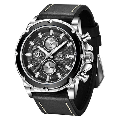 Top Brand BENYAR 2022 New Men Watches Waterproof Sport Quartz Wrist Watch Chronograph Military Genuine Leather Relogio Masculino BY-5167 - SILVER BLACK