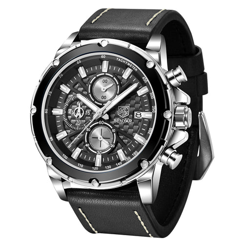 Top Brand BENYAR 2022 New Men Watches Waterproof Sport Quartz Wrist Watch Chronograph Military Genuine Leather Relogio Masculino BY-5167 - SILVER BLACK