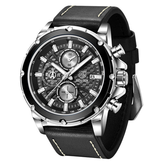 Top Brand BENYAR 2022 New Men Watches Waterproof Sport Quartz Wrist Watch Chronograph Military Genuine Leather Relogio Masculino BY-5167 - SILVER BLACK