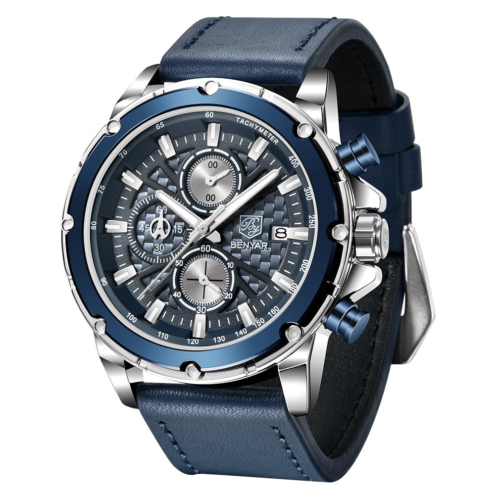 Top Brand BENYAR 2022 New Men Watches Waterproof Sport Quartz Wrist Watch Chronograph Military Genuine Leather Relogio Masculino BY-5167 - SILVER BLUE