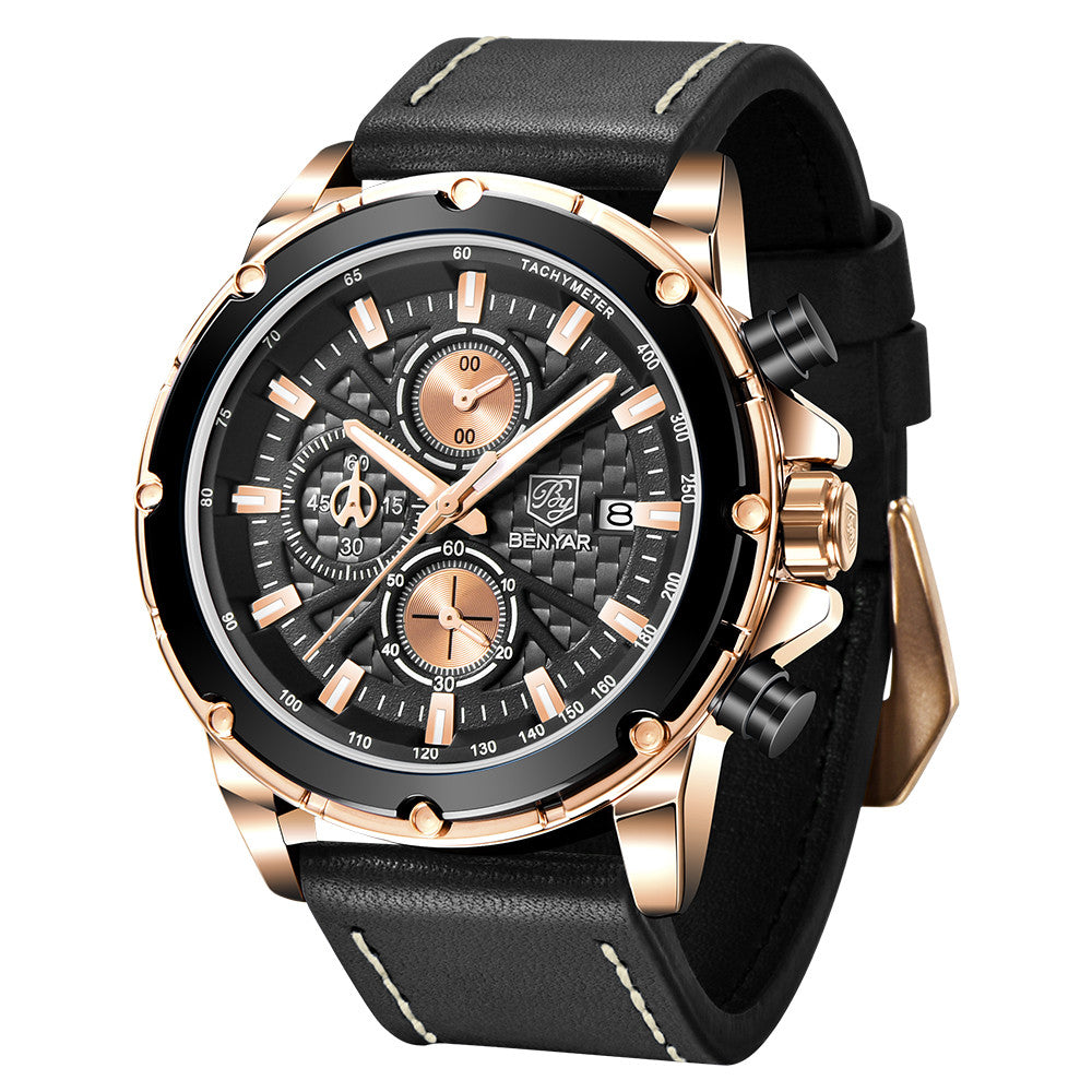 Top Brand BENYAR 2022 New Men Watches Waterproof Sport Quartz Wrist Watch Chronograph Military Genuine Leather Relogio Masculino BY-5167 - GOLD BLACK