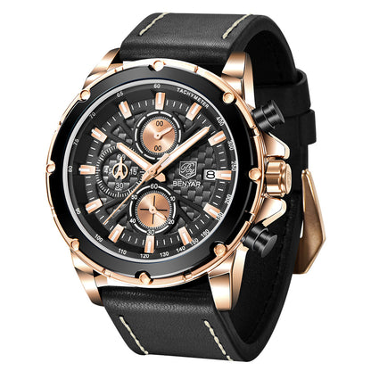 Top Brand BENYAR 2022 New Men Watches Waterproof Sport Quartz Wrist Watch Chronograph Military Genuine Leather Relogio Masculino BY-5167 - GOLD BLACK