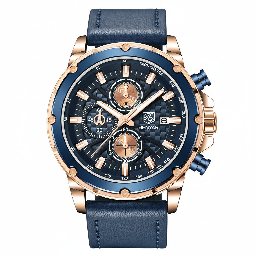 Top Brand BENYAR 2022 New Men Watches Waterproof Sport Quartz Wrist Watch Chronograph Military Genuine Leather Relogio Masculino BY-5167 - GOLD BLUE