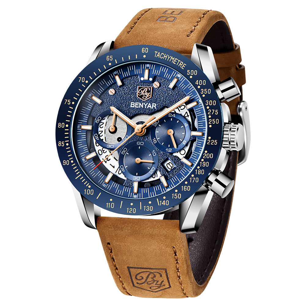BENYAR Brand Men's Watches Multi-Function Waterproof Automatic Sports Trend Quartz Watch Calendar Luminous Men's Watches BY-5120 - leather silver gold blue