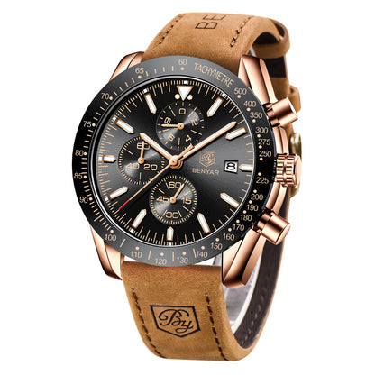 BENYAR Men Watches Brand Luxury Silicone Strap Waterproof Sport Quartz Chronograph Military Watch Men Clock Relogio Masculino BY-5140M - Brown Gold Black
