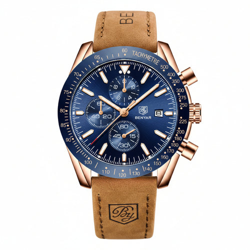 BENYAR Men Watches Brand Luxury Silicone Strap Waterproof Sport Quartz Chronograph Military Watch Men Clock Relogio Masculino BY-5140M - Brown Gold Blue