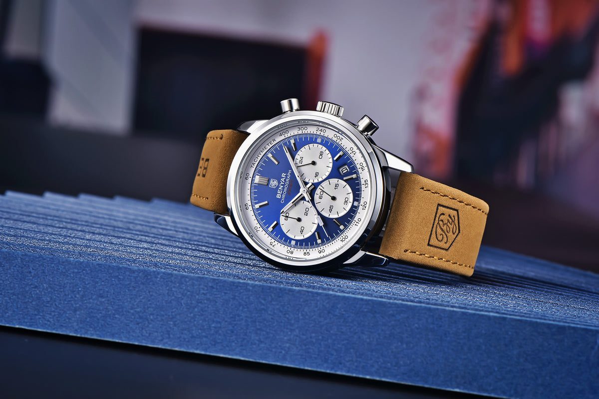 BENYAR - Stylish Wrist Watch for Men, Genuine Leather Strap Watches, Perfect Quartz Movement, Waterproof and Scratch Resistant, Analog Chronograph Business Watches BY-5188