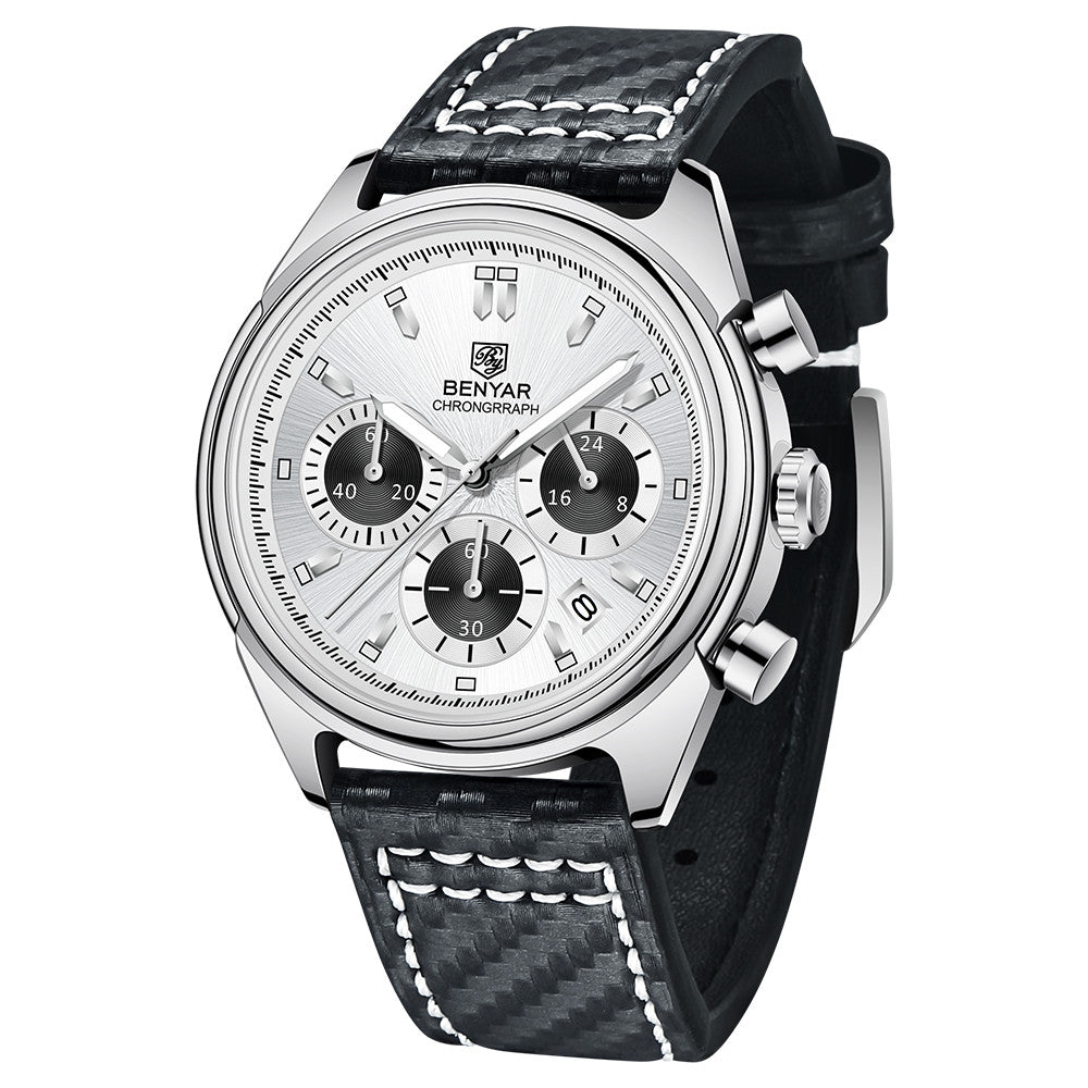 BENYAR Top Brand New Men Watches Leather Strap Luxury Waterproof Sport Quartz Chronograph Military Watch Men Clock Reloj Hombre BY-5195 - Silver White