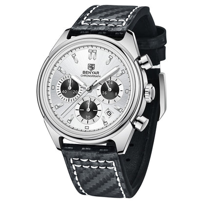 BENYAR Top Brand New Men Watches Leather Strap Luxury Waterproof Sport Quartz Chronograph Military Watch Men Clock Reloj Hombre BY-5195 - Silver White