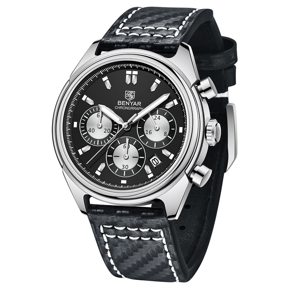 BENYAR Top Brand New Men Watches Leather Strap Luxury Waterproof Sport Quartz Chronograph Military Watch Men Clock Reloj Hombre BY-5195 - Silver Black