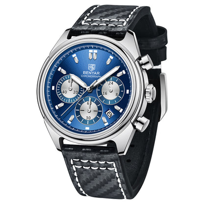 BENYAR Top Brand New Men Watches Leather Strap Luxury Waterproof Sport Quartz Chronograph Military Watch Men Clock Reloj Hombre BY-5195 - Silver Blue