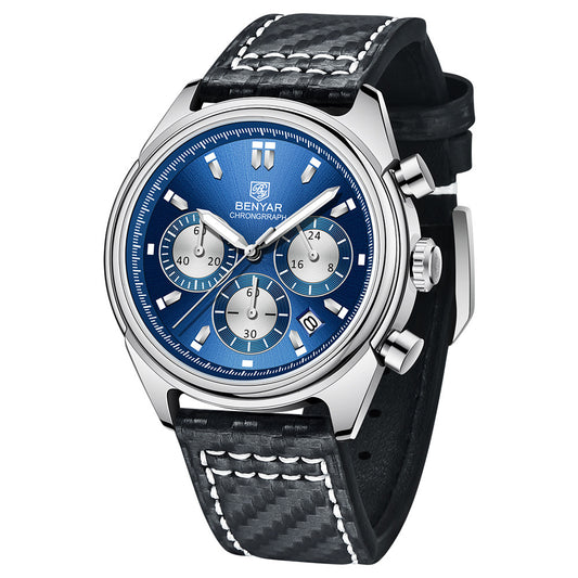 BENYAR Top Brand New Men Watches Leather Strap Luxury Waterproof Sport Quartz Chronograph Military Watch Men Clock Reloj Hombre BY-5195 - Silver Blue