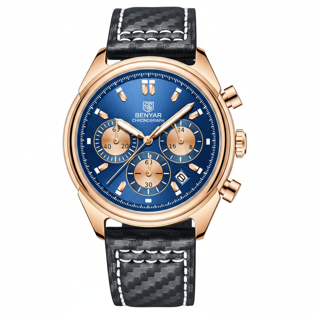 BENYAR Top Brand New Men Watches Leather Strap Luxury Waterproof Sport Quartz Chronograph Military Watch Men Clock Reloj Hombre BY-5195 - Golden Blue