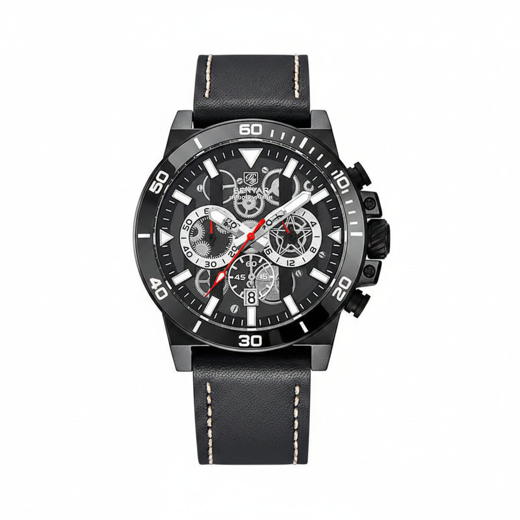 BENYAR Top Brand New Men Watches Leather Strap Luxury Waterproof Sport Quartz Chronograph Military Watch Men Clock Reloj Hombre BY-5197 - Black Black