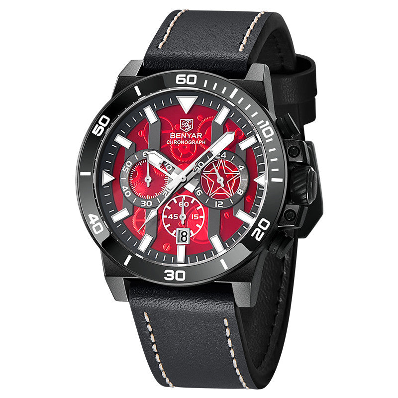 BENYAR Top Brand New Men Watches Leather Strap Luxury Waterproof Sport Quartz Chronograph Military Watch Men Clock Reloj Hombre BY-5197 - Black Red