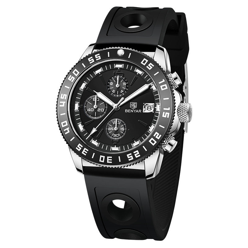 BENYAR Top Brand New Men Watches Leather Strap Luxury Waterproof Sport Quartz Chronograph Military Watch Men Clock Reloj Hombre BY-5198 - Silicone White Black