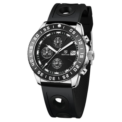 BENYAR Top Brand New Men Watches Leather Strap Luxury Waterproof Sport Quartz Chronograph Military Watch Men Clock Reloj Hombre BY-5198 - Silicone White Black