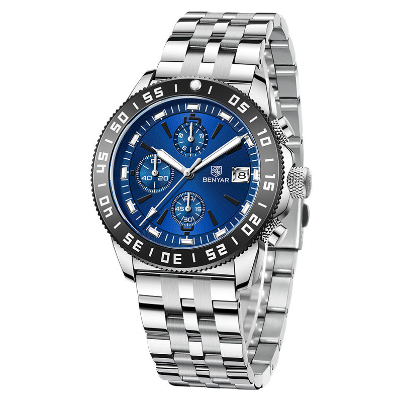 BENYAR Top Brand New Men Watches Leather Strap Luxury Waterproof Sport Quartz Chronograph Military Watch Men Clock Reloj Hombre BY-5198 - Silicone Black Blue