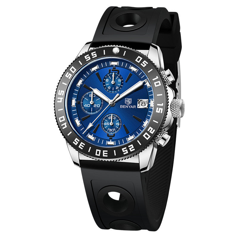 BENYAR Top Brand New Men Watches Leather Strap Luxury Waterproof Sport Quartz Chronograph Military Watch Men Clock Reloj Hombre BY-5198 - Silicone Black Black