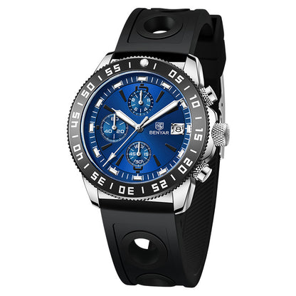 BENYAR Top Brand New Men Watches Leather Strap Luxury Waterproof Sport Quartz Chronograph Military Watch Men Clock Reloj Hombre BY-5198 - Silicone Black Black