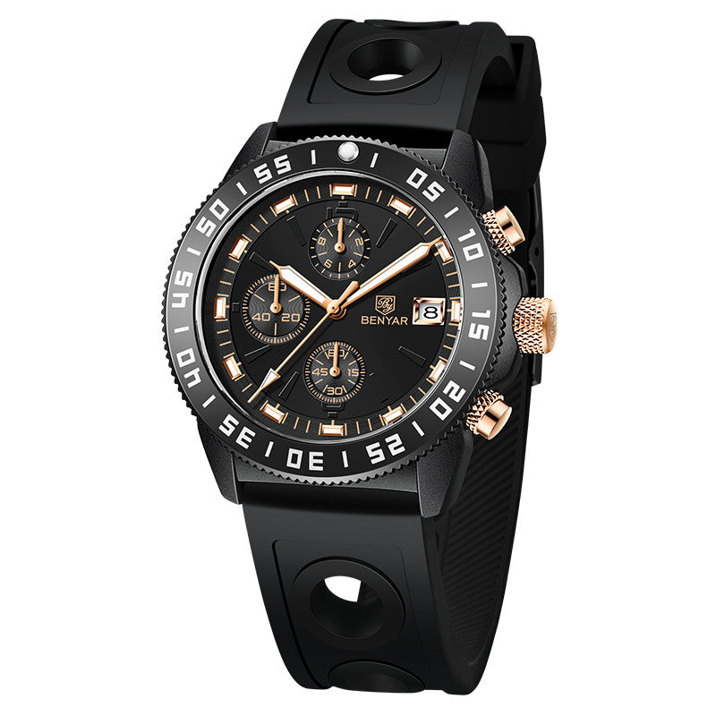 BENYAR Top Brand New Men Watches Leather Strap Luxury Waterproof Sport Quartz Chronograph Military Watch Men Clock Reloj Hombre BY-5198 - Steel White Black
