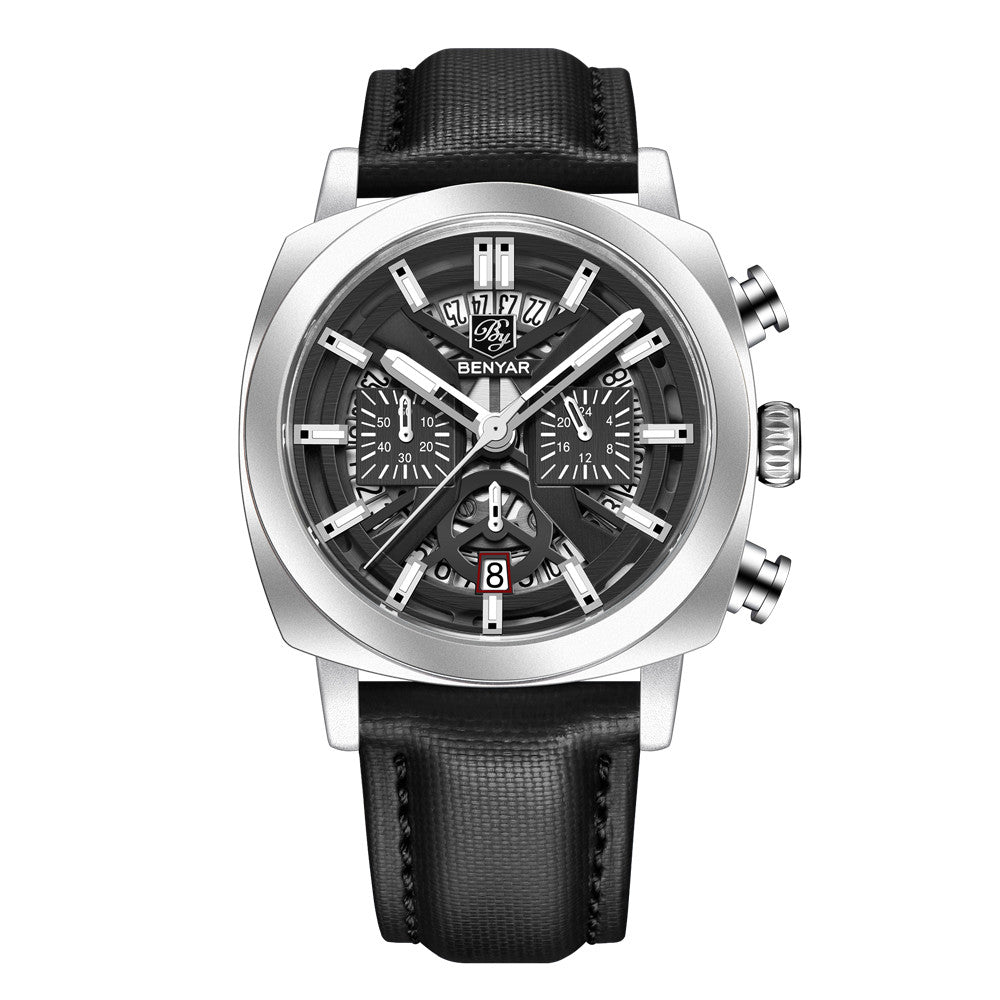 BENYAR Top Brand New Men Watches Leather Strap Luxury Waterproof Sport Quartz Watch Men Clock Reloj Hombre BY-5205 - White Black