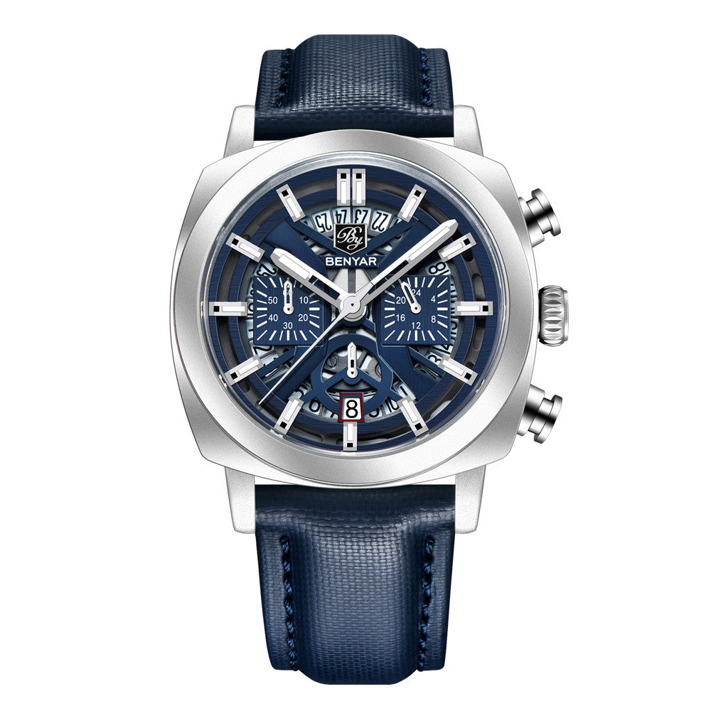 BENYAR Top Brand New Men Watches Leather Strap Luxury Waterproof Sport Quartz Watch Men Clock Reloj Hombre BY-5205 - White Blue