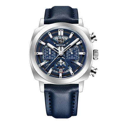 BENYAR Top Brand New Men Watches Leather Strap Luxury Waterproof Sport Quartz Watch Men Clock Reloj Hombre BY-5205 - White Blue