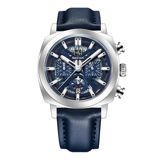 BENYAR Top Brand New Men Watches Leather Strap Luxury Waterproof Sport Quartz Watch Men Clock Reloj Hombre BY-5205 - White Blue