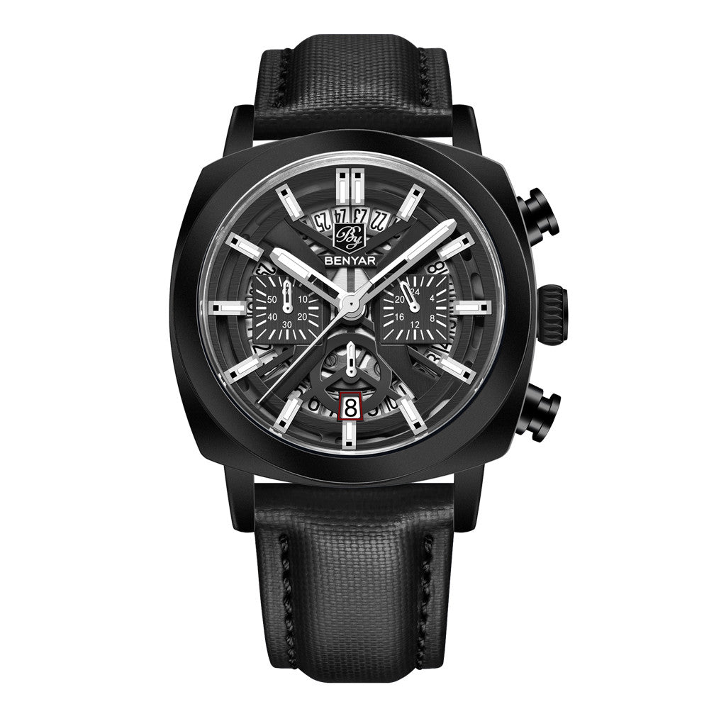 BENYAR Top Brand New Men Watches Leather Strap Luxury Waterproof Sport Quartz Watch Men Clock Reloj Hombre BY-5205 - Black Black