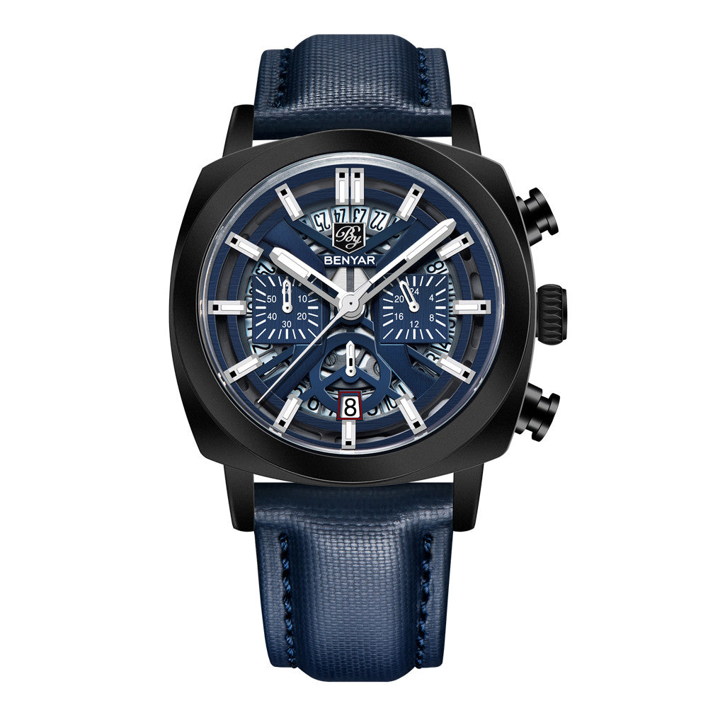 BENYAR Top Brand New Men Watches Leather Strap Luxury Waterproof Sport Quartz Watch Men Clock Reloj Hombre BY-5205 - Black Blue