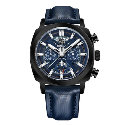 BENYAR Top Brand New Men Watches Leather Strap Luxury Waterproof Sport Quartz Watch Men Clock Reloj Hombre BY-5205 - Black Blue