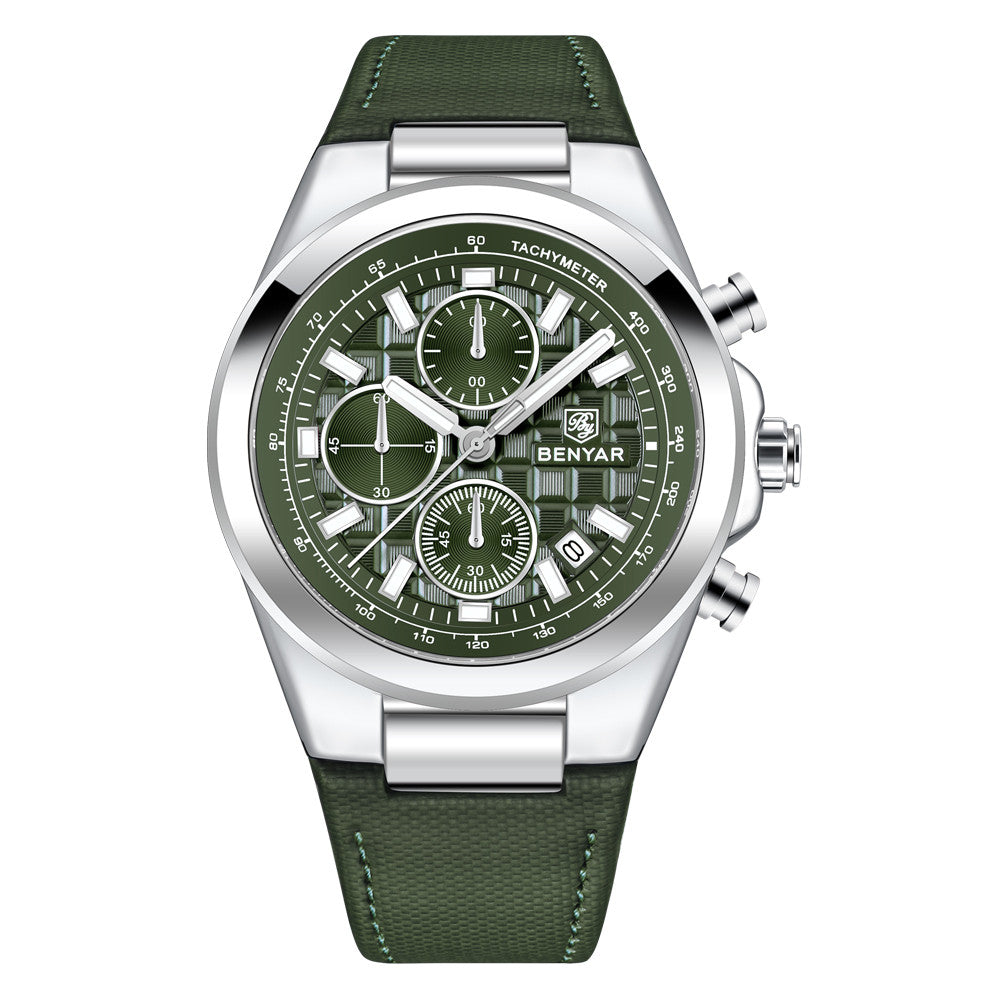 BENYAR Top Brand New Men Watches Leather Strap Luxury Waterproof Sport Quartz Watch Men Clock Reloj Hombre BY-5206 - White Green