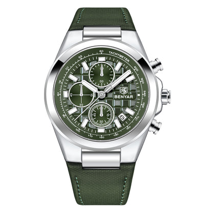 BENYAR Top Brand New Men Watches Leather Strap Luxury Waterproof Sport Quartz Watch Men Clock Reloj Hombre BY-5206 - White Green