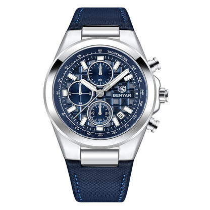 BENYAR Top Brand New Men Watches Leather Strap Luxury Waterproof Sport Quartz Watch Men Clock Reloj Hombre BY-5206 - White Blue