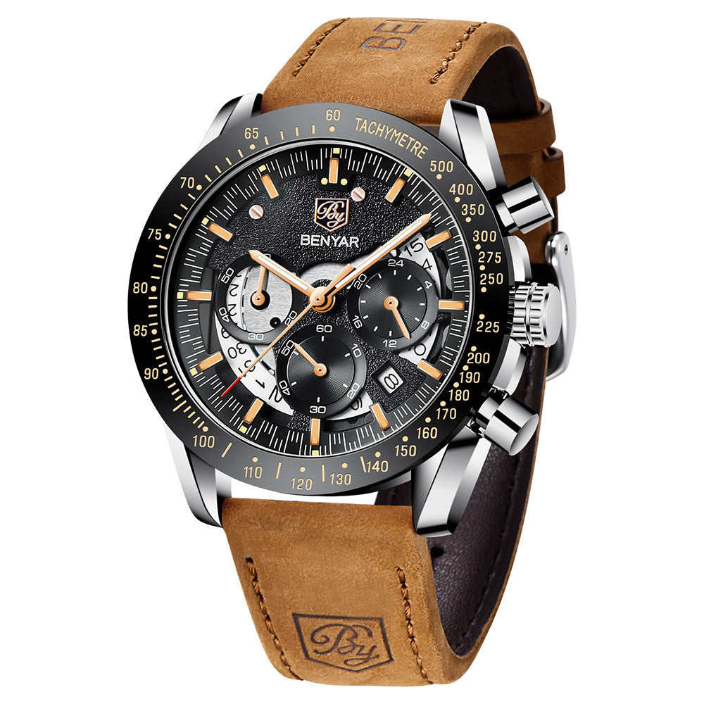 BENYAR Brand Men's Watches Multi-Function Waterproof Automatic Sports Trend Quartz Watch Calendar Luminous Men's Watches BY-5120 - leather silver gold black