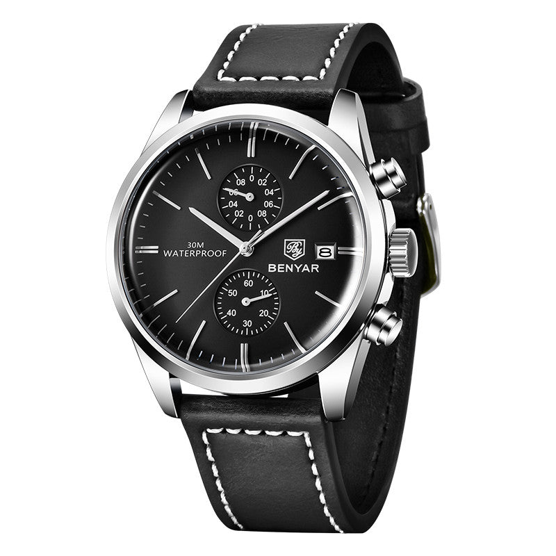 New BENYAR Leather Men Quartz Wristwatches Luxury Brand Waterproof Men Watch Military Sports Chronograph Watch for Men BY-5187 - Silver black