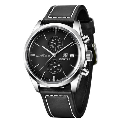 New BENYAR Leather Men Quartz Wristwatches Luxury Brand Waterproof Men Watch Military Sports Chronograph Watch for Men BY-5187 - Silver black
