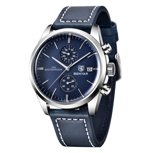 New BENYAR Leather Men Quartz Wristwatches Luxury Brand Waterproof Men Watch Military Sports Chronograph Watch for Men BY-5187 - Silver blue