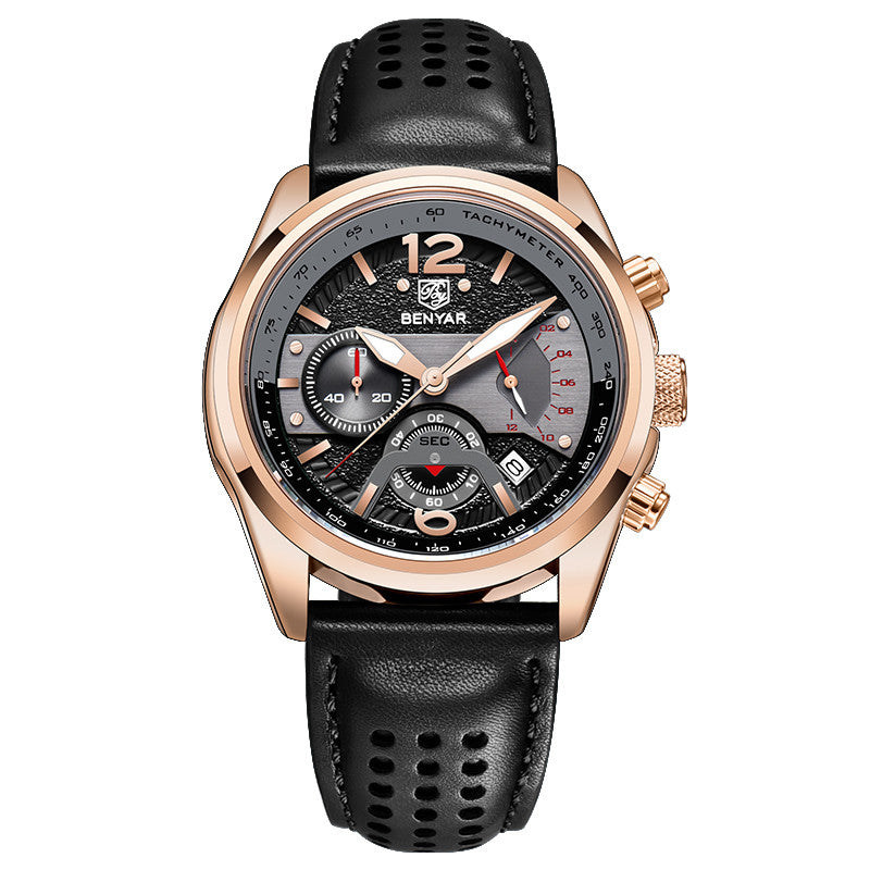 BENYAR 2021 New Men Watch Top Brand Waterproof Men Quartz Wristwatch Military Leather Watch Men Sports Chronograph Reloj Hombre BY-5171M - Golden Black