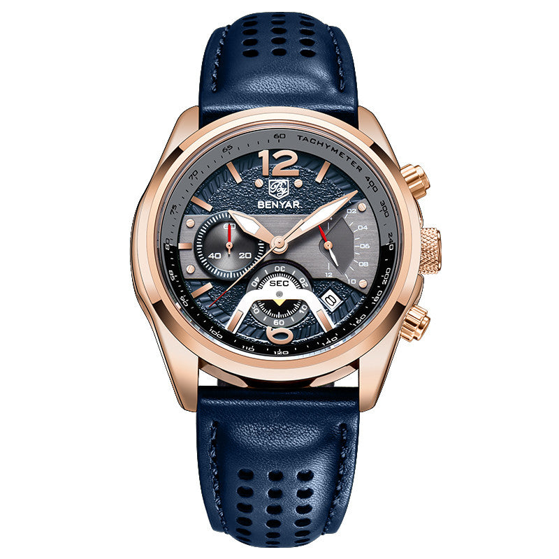 BENYAR 2021 New Men Watch Top Brand Waterproof Men Quartz Wristwatch Military Leather Watch Men Sports Chronograph Reloj Hombre BY-5171M - Golden Blue
