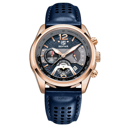 BENYAR 2021 New Men Watch Top Brand Waterproof Men Quartz Wristwatch Military Leather Watch Men Sports Chronograph Reloj Hombre BY-5171M - Golden Blue