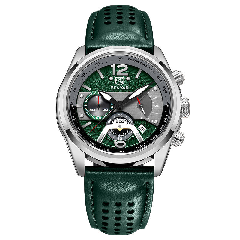 BENYAR 2021 New Men Watch Top Brand Waterproof Men Quartz Wristwatch Military Leather Watch Men Sports Chronograph Reloj Hombre BY-5171M - Silvery Green