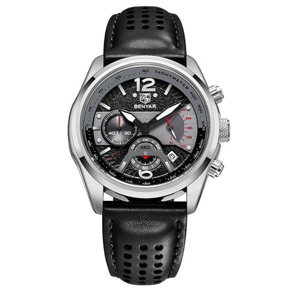BENYAR 2021 New Men Watch Top Brand Waterproof Men Quartz Wristwatch Military Leather Watch Men Sports Chronograph Reloj Hombre BY-5171M - Silvery Black