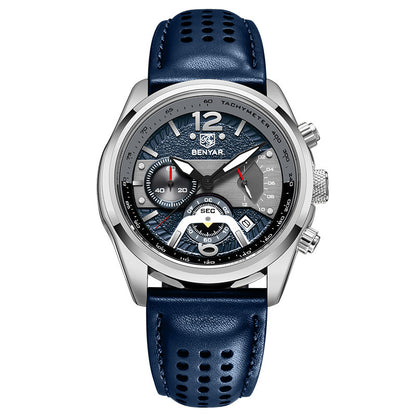 BENYAR 2021 New Men Watch Top Brand Waterproof Men Quartz Wristwatch Military Leather Watch Men Sports Chronograph Reloj Hombre BY-5171M - Silvery Blue