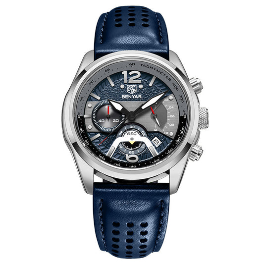 BENYAR 2021 New Men Watch Top Brand Waterproof Men Quartz Wristwatch Military Leather Watch Men Sports Chronograph Reloj Hombre BY-5171M - Silvery Blue