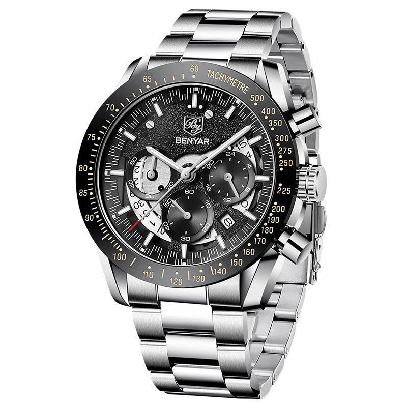 BENYAR Brand Men's Watches Multi-Function Waterproof Automatic Sports Trend Quartz Watch Calendar Luminous Men's Watches BY-5120 - steel black