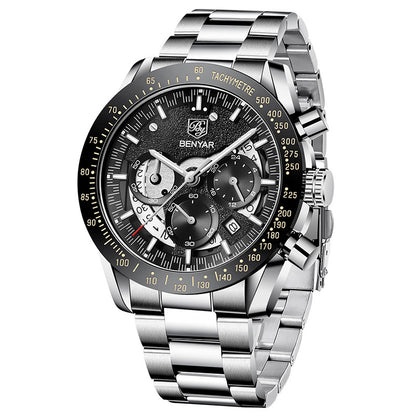 BENYAR Brand Men's Watches Multi-Function Waterproof Automatic Sports Trend Quartz Watch Calendar Luminous Men's Watches BY-5120 - steel black